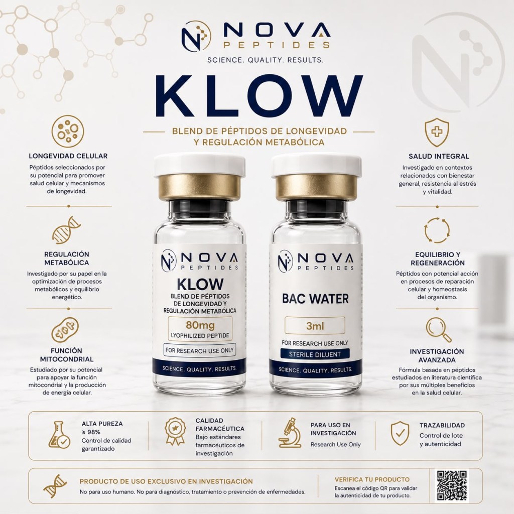 KLOW 80mg — Complejo regenerativo de cuatro moléculas: BPC-157, TB-500, KPV y GHK-Cu, diseñado para la investigación de la reparación tisular, la remodelación de matriz celular y la modulación de procesos inflamatorios. Uso exclusivo para investigación y fines educativos.